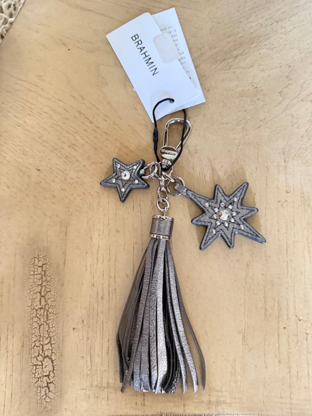 BRAHMIN Astra Crystal Leather Tassel Metallic Silver Bag Charm Keychain Fob NWT